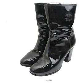 Chanel Black Patent Mid Boots Black