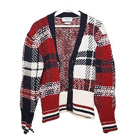 Thom Browne Donegal Tartan Stripe V-Neck Cardigan Red
