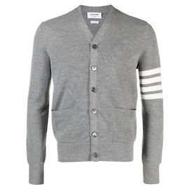 Thom Browne Stripe Feiner Merino Waffel Hoch V-Ausschnitt Cardigan Braun