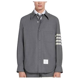 Thom Browne Stripe Plain Woven Wool Snap Button Shirt Jacket Brown