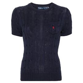 Ralph Lauren Kurzer Pullover aus Baumwolle mit Kabelstrick und Pony-Logo Blau