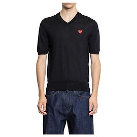 Comme Des Garcons Kurzarm-Strickshirt mit rotem Herz-Patch Schwarz