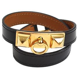Hermès Pulseira Dupla de Epsom Preto La Medor com Ouro XS Multicor