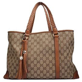 Gucci Weaving Handle Fabric Tote Bag Brown