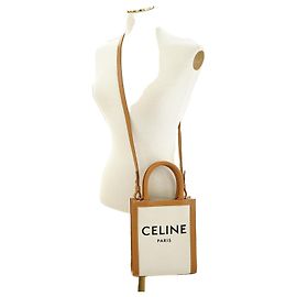 Céline Canvas Vertical Cabas Bag White Brown Leather Brown