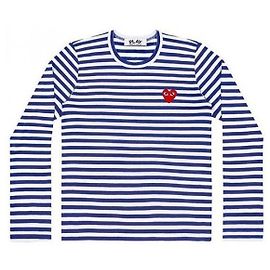 Comme Des Garcons Gestreiftes Langarm-T-Shirt mit rotem Herz-Patch AX Blau
