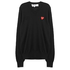 Comme Des Garcons Schwarzer V-Ausschnitt-Pullover mit roten Strassherzen Schwarz