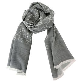 Gucci Cachecol bicolor de lã e seda GG jacquard cinza claro Marrom