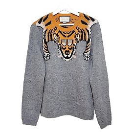 Gucci Pull en maille intarsia tigre à manches longues Marron