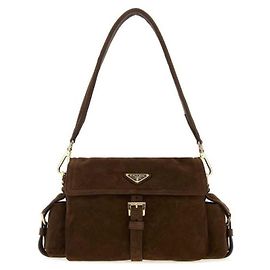 Prada Explore a Bolsa de Ombro em Suede Médio Marrom
