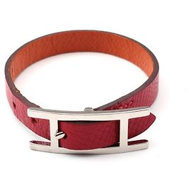 Hermès Orange Red Silver Buckle Reversible Hapi Bracelet Red