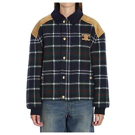 Céline Triomphe Bomber Jacket in Tartan Wool Blue