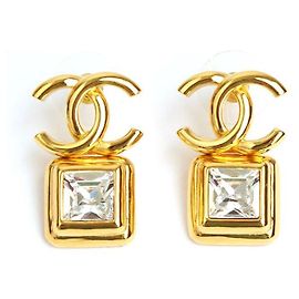 Chanel Gold CC Crystal Square Earrings Golden