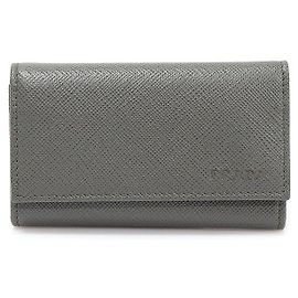 Prada Gray Saffiano Leather Silver Plated Key Case Brown