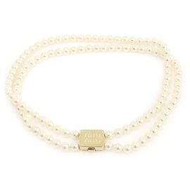 Miu Miu Colar Choker Duplo em Metal Dourado com Pérolas Branco