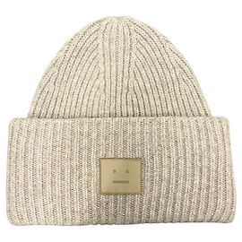 Acne Large Face Logo Patch Wool Knit Beanie Grey Melange DRN) Brown