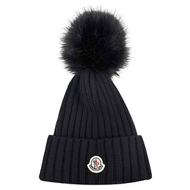 Strickmütze mit Pom Pom und Moncler-Logo-Patch Schwarz