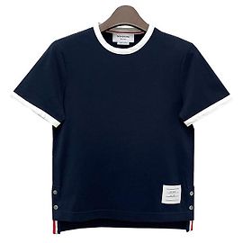 Thom Browne Ringer T-Shirt mit RWB-Logo-Patch für Frauen Blau