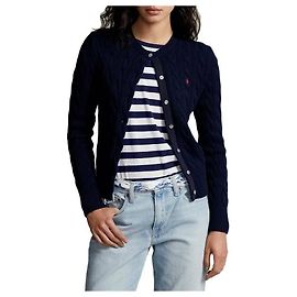 Ralph Lauren Strickjacke mit Zopfmuster und Pony-Logo Blau