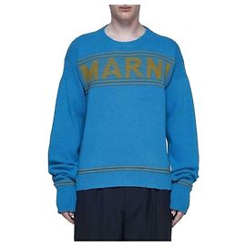 Marni Blauer Wollpullover mit Maxi-Logo-Intarsien Blau