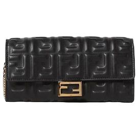 Fendi Baguette Napa Leather Continental Wallet with Chain AAJD Black