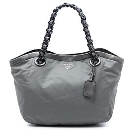 Prada Graue Metallic Leder Besatz Tessuto Tote Braun