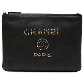 Chanel Black Medium Caviar Deauville Studded O Case Clutch Black