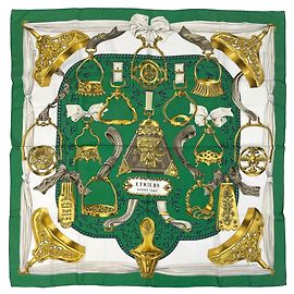 Hermès ETRIERS Armor and Harness Pattern Silk Scarf Multiple colors Green