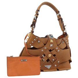PRADA Bolsa de Ombro com Studs de Couro Plástico Marrom Prata Auth 172906SAV Marrom Prata