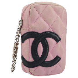CHANEL Cambon Line Matelasse Pouch Leather Pink Silver CC Auth LNZ067A Silvery Pink