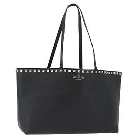 VALENTINO Bolsa Tote Rock Studs Couro Preto Prata Auth BA11109 Preto Prata