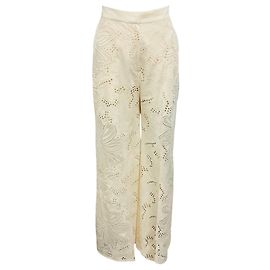 Pantalon palazzo large en coton brodé Elie Saab blanc cassé Beige