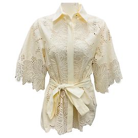 Chemise brodée en coton blanc cassé Elie Saab Beige