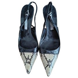 Luciano Padovan Schwarze Leder- und Python-Slingback-Pumps Schwarz Python drucken