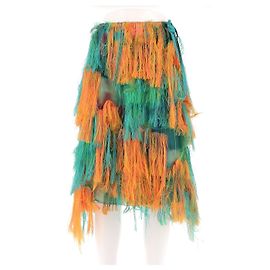 Dries Van Noten Orange and Turquoise Fringed Midi Skirt Orange