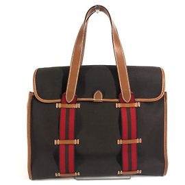 Bolsa tote de lona com listras Camoil e logo Hermès Marrom Vermelho