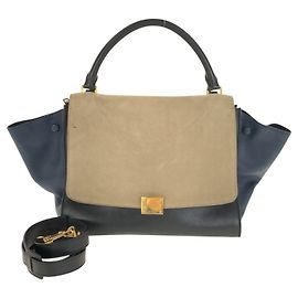 Céline Bolsa de couro Trapeze da Celine Bege Azul marinho
