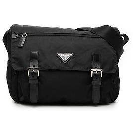 Bolsa mensageiro Prada em tessuto preto com zíper e fivela dupla Preto