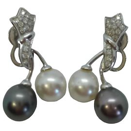 Autre Marque Boucles d'oreilles Toi et Moi Perles de Tahiti et Diamants Or Blanc Noir