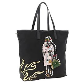 PRADA Tote Bag Nylon Black Silver Auth BA11146V Black Silvery