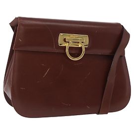 Bolsa de Ombro Gancini em Couro Marrom Dourado Auth 173491 da Salvatore Ferragamo Marrom Dourado