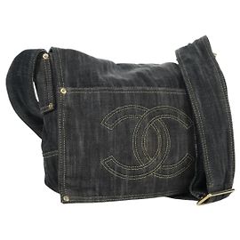 Sac à main CHANEL COCO Mark en denim bleu marine avec CC doré Auth 171512SAM Doré Bleu Marine