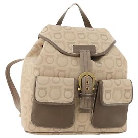 Salvatore Ferragamo Gancini Backpack Canvas Beige Gold Auth BA10432 Beige Golden