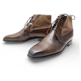 BERLUTI 1168 CHUKKA BOOTS 7.5 41.5 PATINATED LEATHER & CANVAS BOOTS Brown