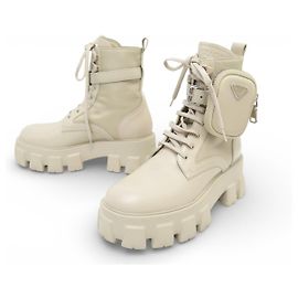 NEW PRADA MONOLITH BOOTS SIZE 37.5 IT 38.5 FR LEATHER COMBAT BOOTS Beige