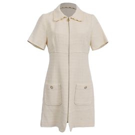 Vestido Mini con Cremallera de Tweed Sandro Gregoria en Algodón Marfil Blanco Crudo