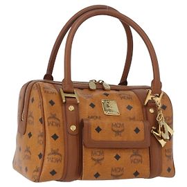 MCM Vicetos Mini Logogram Boston Bag em couro PVC marrom e dourado Auth ki6516 Marrom Dourado