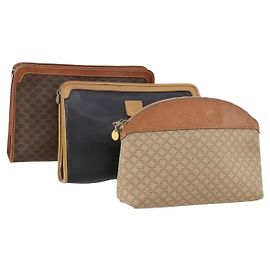 Céline CELINE Macadam Canvas Clutch Bag PVC Leather 3 Set Brown Black beige Auth 173683 Brown Black Beige