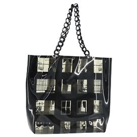 CHANEL Chain Tote Bag Vinyl Black CC Auth ARZ371 Black
