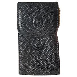 Chanel Black Caviar Leather CC Logo Card Holder with Chain Black